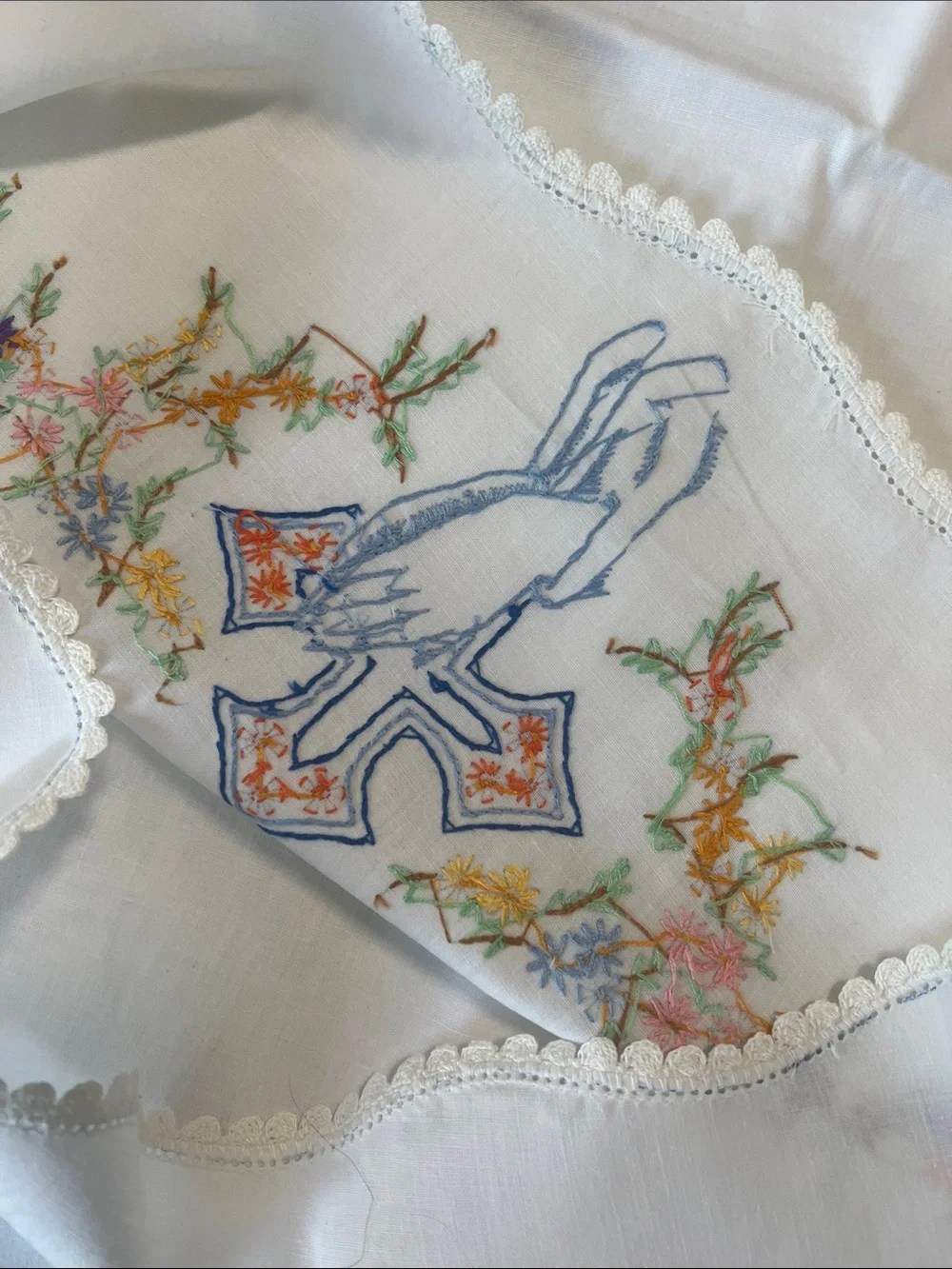 Embroidered praying hands Cross Pillowcase Set White with Pastel Floral Accents